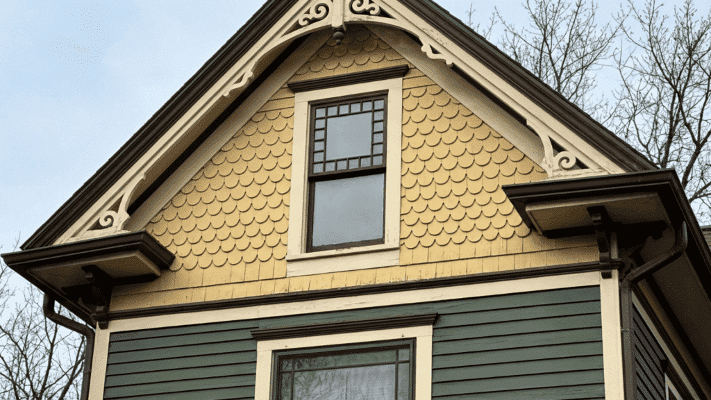 boxed eaves on a victorian home with brown fascia decorative scroll brackets yellow fish scale shingles and brown gutters against a bare winter sky