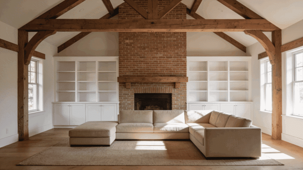 brick fireplace with open white shelves in farmhouse living room
