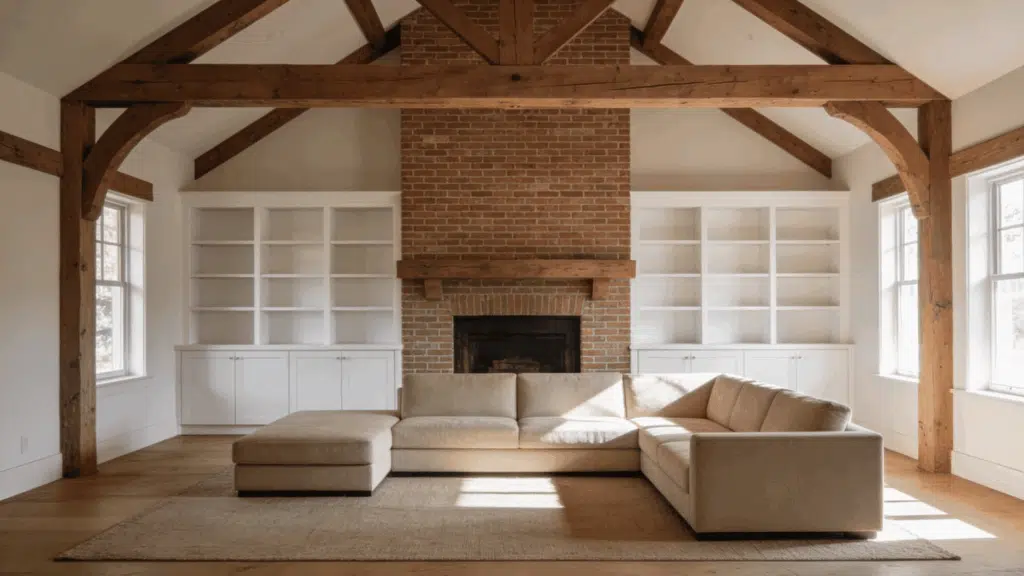 brick fireplace with open white shelves in farmhouse living room