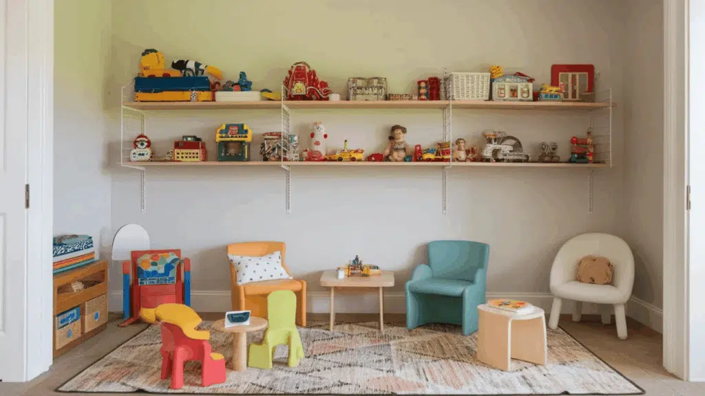 bright and colorful children's playroom with vintage toys on shelves and kid-sized furniture