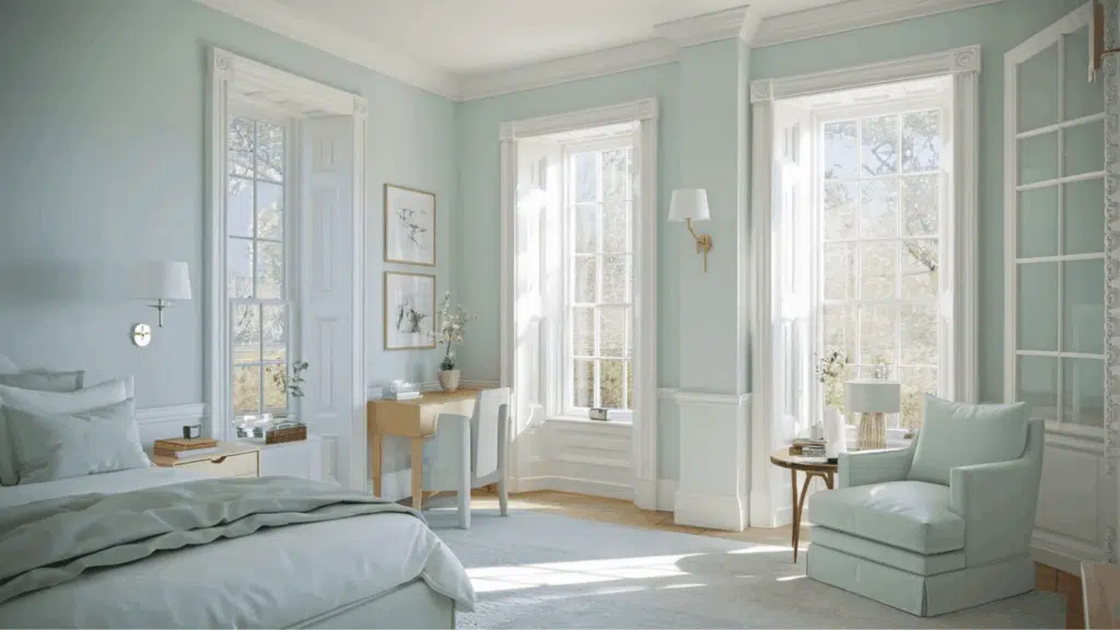 bright bedroom with large energy-efficient windows allowing natural light, soft colors, and minimal decor for better insulation