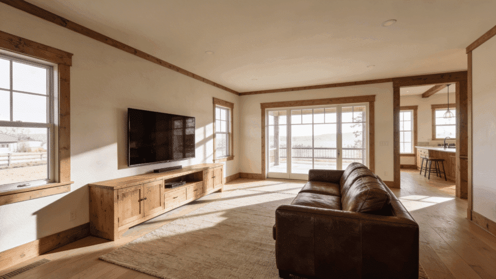 bright farmhouse family room with natural wood tv unit and leather sofa