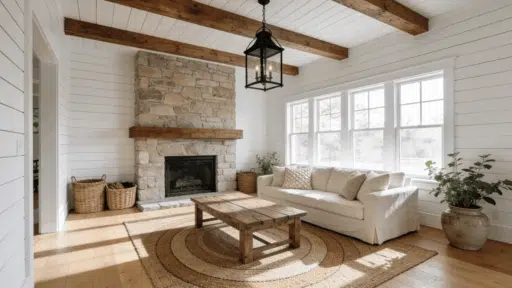 bright farmhouse living room with stone fireplace, shiplap walls, wood beams and cream sectional sofa