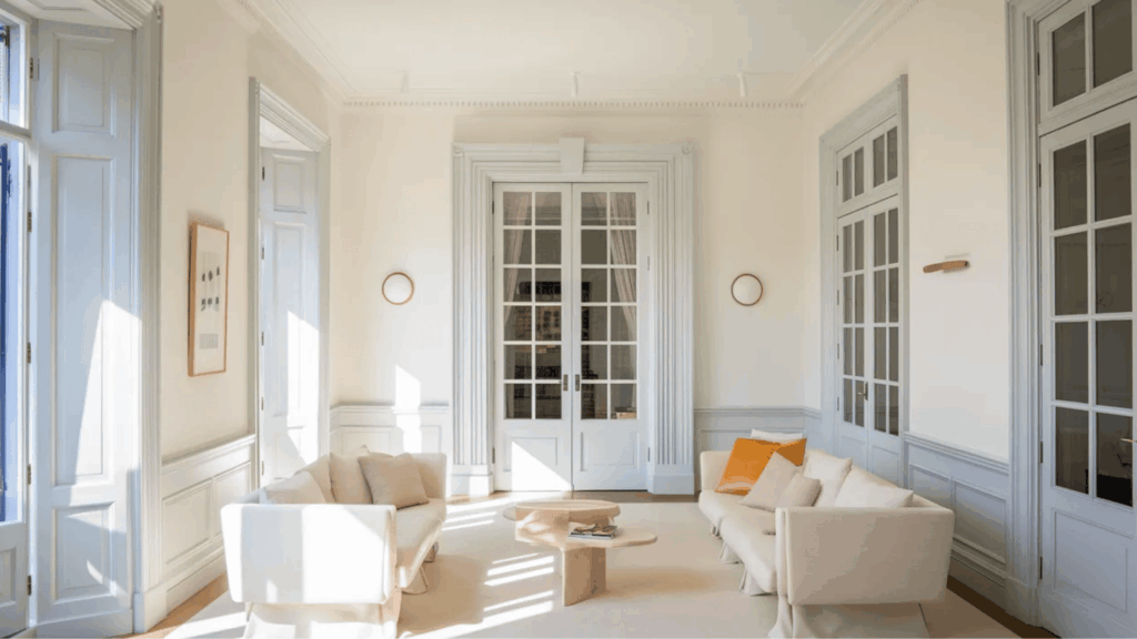 bright interior with large energy-efficient windows allowing natural light, modern living room with neutral tones and minimal furniture