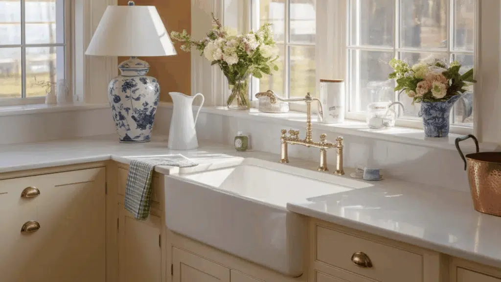 bright kitchen with a farmhouse sink, floral arrangement, and large windows