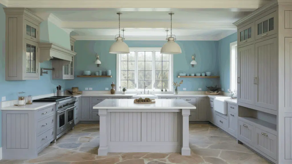 bright kitchen with driftwood blue walls, gray cabinets, large island, and stone floor.