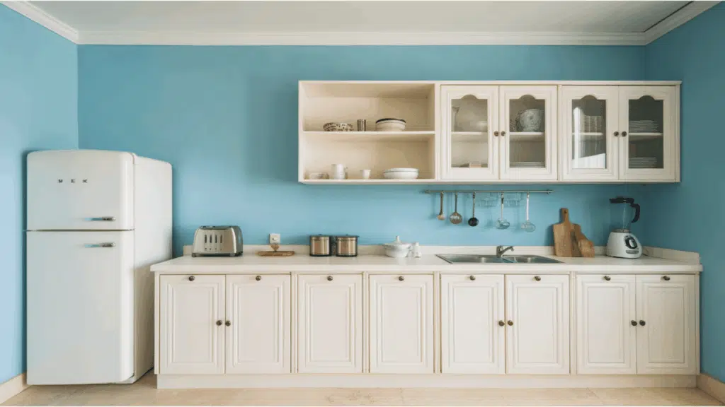 bright kitchen with sky blue wall, white cabinets, retro fridge, and simple decor.