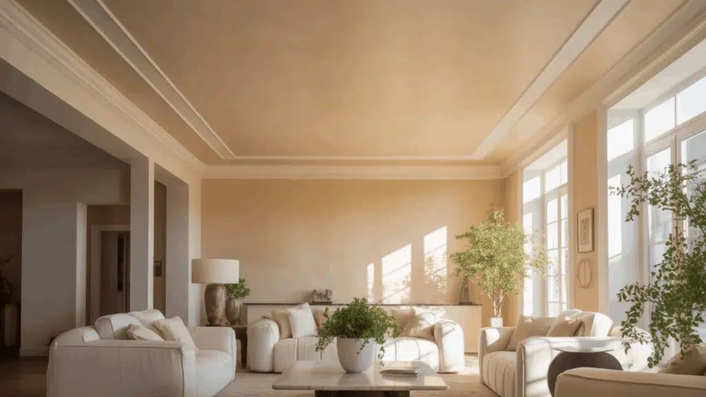 bright living room with beige tray ceiling, cream sofas, large windows, and indoor plants