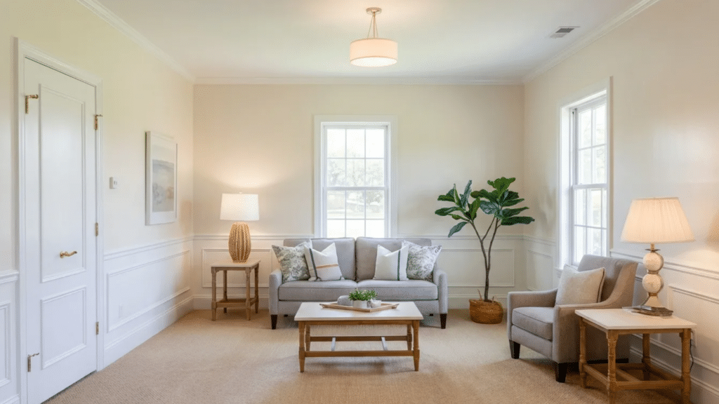 _bright, neutral living room with beige walls, white trim, a gray sofa with pillows, matching armchair, wooden coffee table, side tables with lamps, and a potted plant near large windows