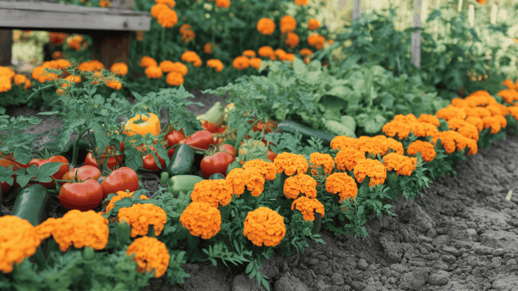 bright orange marigold flowers planted along a vegetable bed border beside tomatoes peppers and cucumbers providing natural pest protection throughout the season