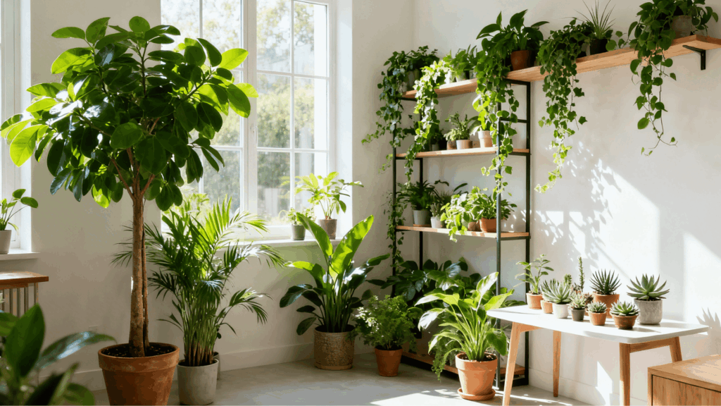 bright room with indoor plants, shelf greenery, potted succulents, and sunlight through window creating a fresh natural space