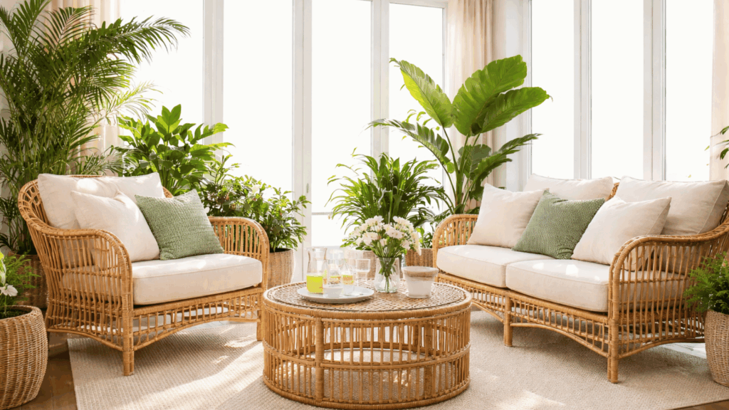bright sunroom with rattan chairs indoor plants and natural light (1)