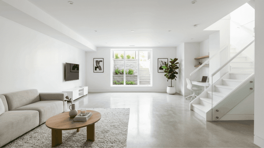 bright white basement walls with matching trim, open layout, minimal decor, and clean modern finish with natural light