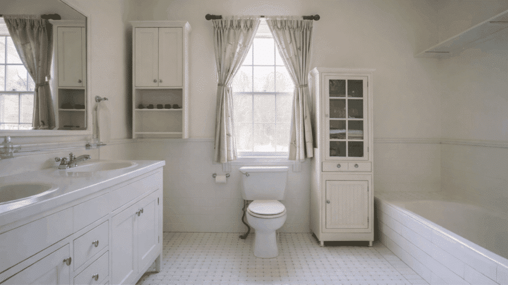 bright white bathroom with matching vanity, tile walls, coordinated fixtures