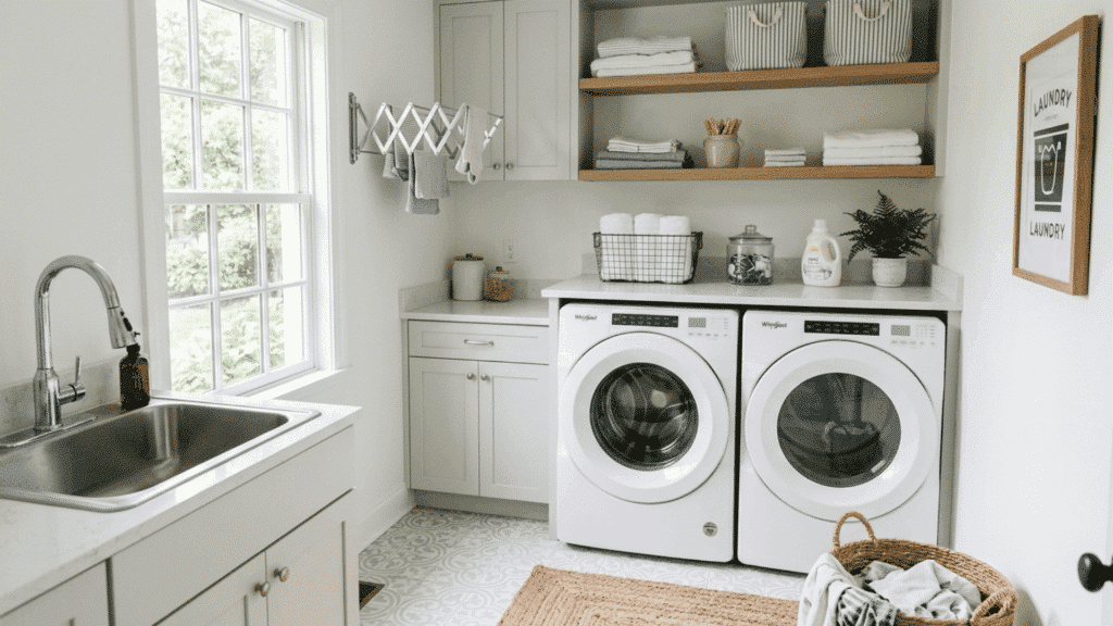 bright white laundry room with sink, washer, dryer, and open shelving.