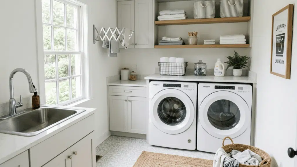 bright white laundry room with sink, washer, dryer, and open shelving.