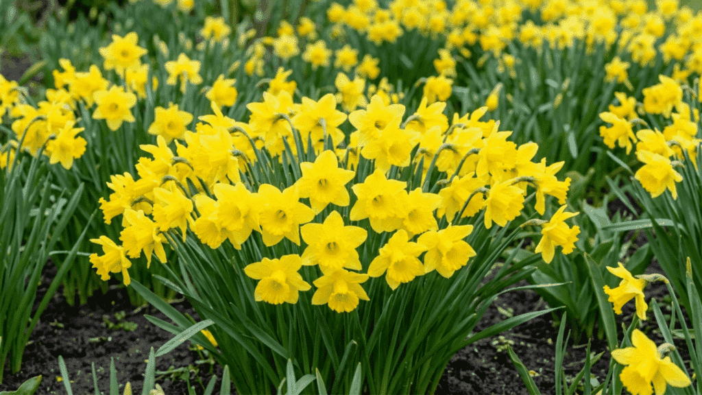 bright yellow daffodils blooming in a sunny garden bed with green stems and soft natural light