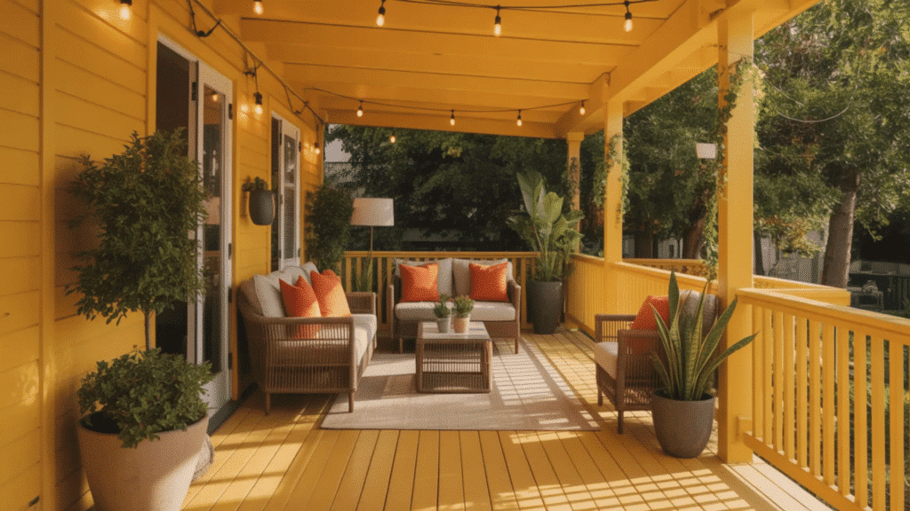 bright yellow porch with cozy seating, orange cushions, plants, and string lights.