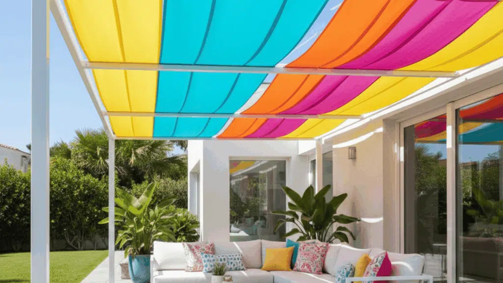 brightly colored fabric canopy panels on a patio, providing shade and adding personality to the outdoor area.