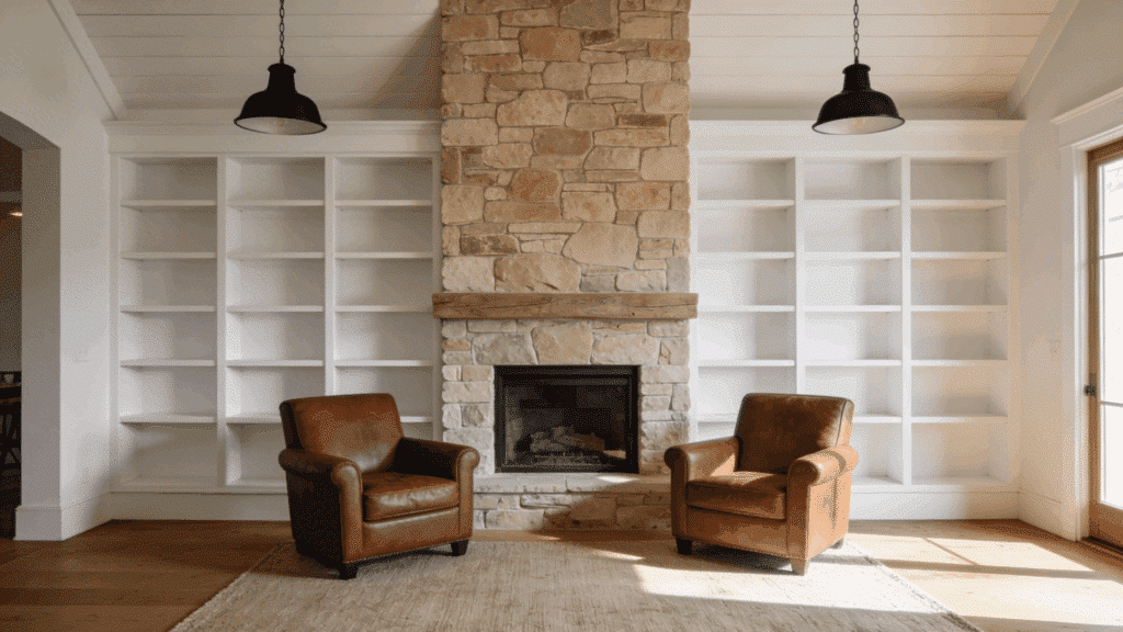 brown leather chairs beside stone fireplace in cozy farmhouse living room