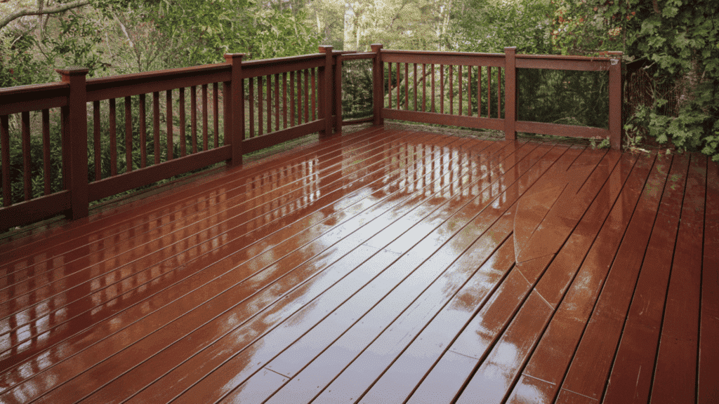 brown wooden deck with glossy finish after fresh coat of protective deck paint.