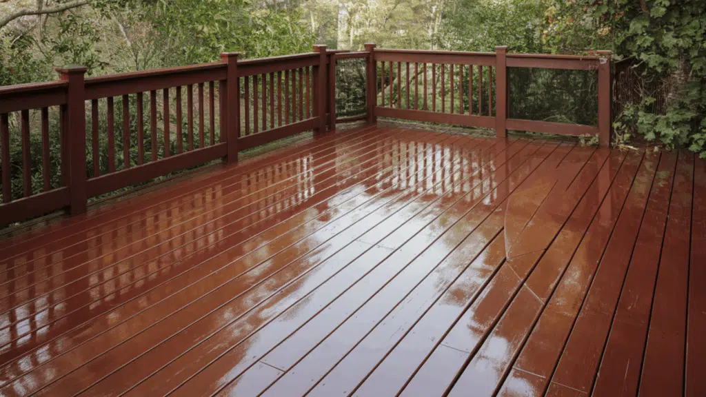brown wooden deck with glossy finish after fresh coat of protective deck paint.