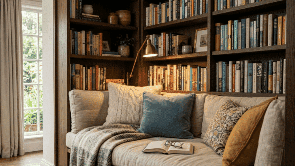 built in book nook with shelves cushions blankets warm light and cozy corner creating a peaceful reading space