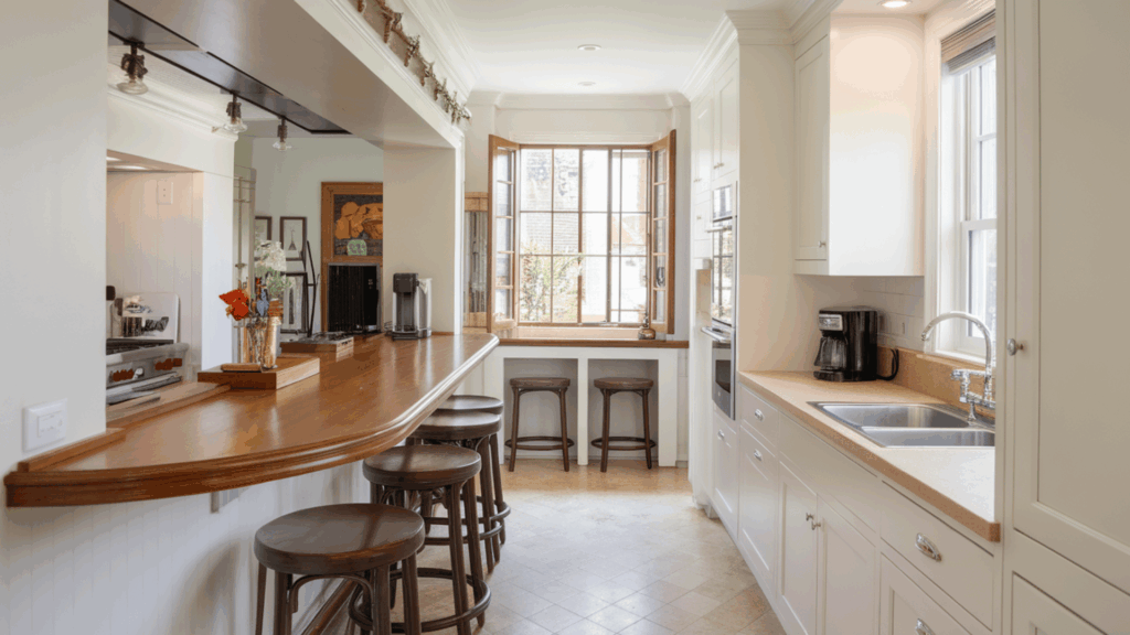 built-in breakfast bar along a galley kitchen wall for casual meals and extra seating.