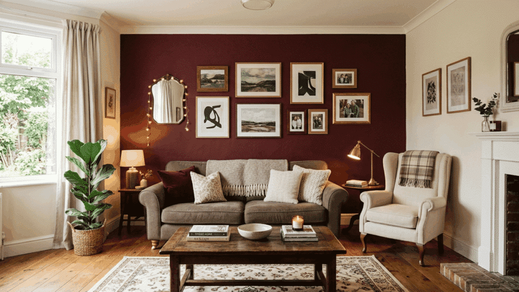 burgundy accent wall living room with gallery frames, cozy sofa, and warm lighting.