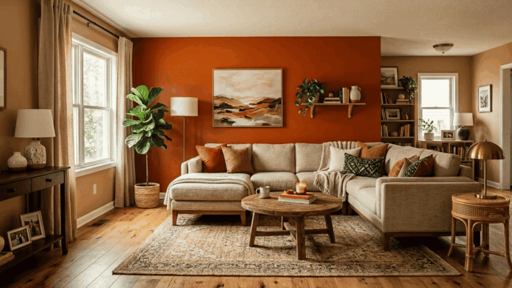 burnt orange accent wall with sectional sofa and warm cozy living room styling.