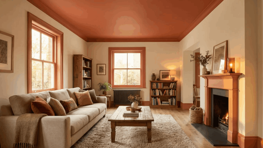 burnt sienna ceiling, neutral toned sofa, wooden coffee table, bookshelves, and a fireplace