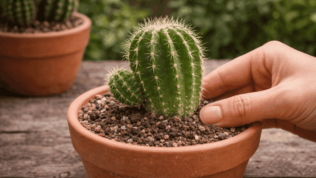 cactus cutting planted upright in well-draining soil.