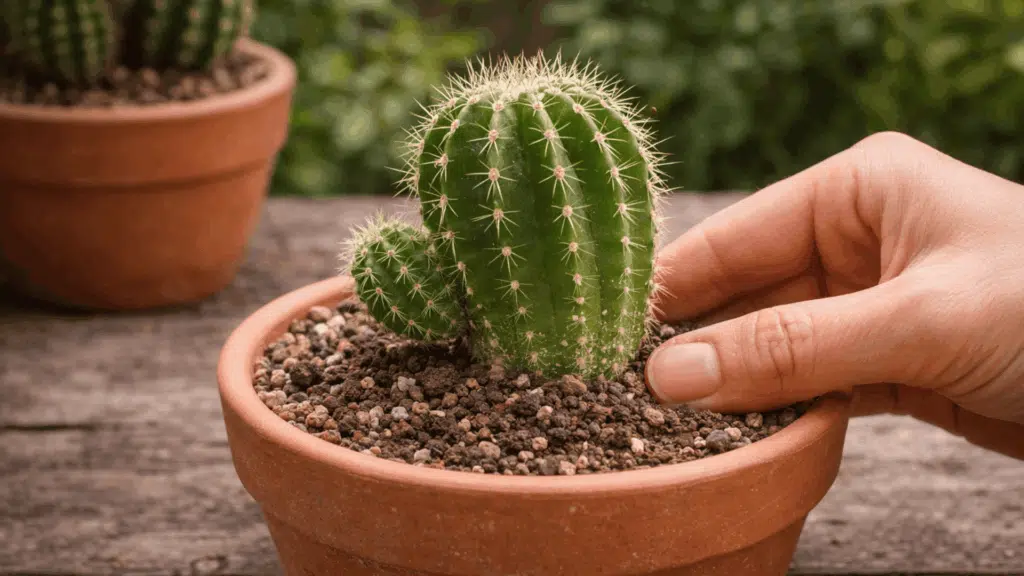 cactus cutting planted upright in well-draining soil.