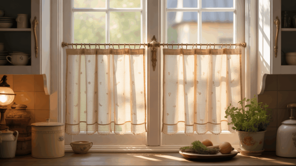 cafe curtains covering the lower half of a kitchen window while letting in light.