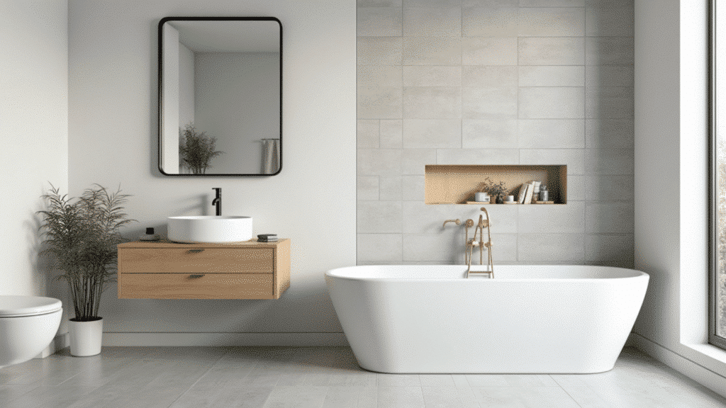calm monochromatic bathroom with layered light and medium grey tile, white fixtures and warm brass accents