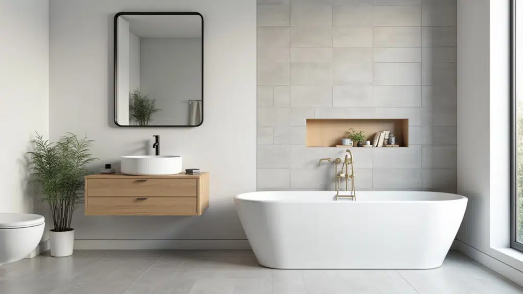 calm monochromatic bathroom with layered light and medium grey tile, white fixtures and warm brass accents