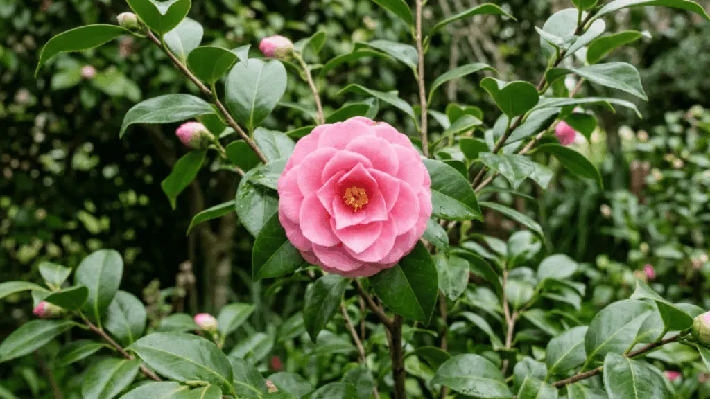 camellia flower close up with soft petals and glossy leaves in natural light plant fully visible not cut from above with clear focus