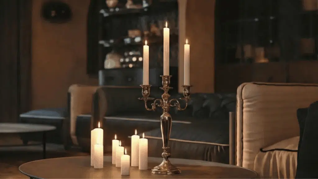 candelights in a bedroom creating a victorian theme