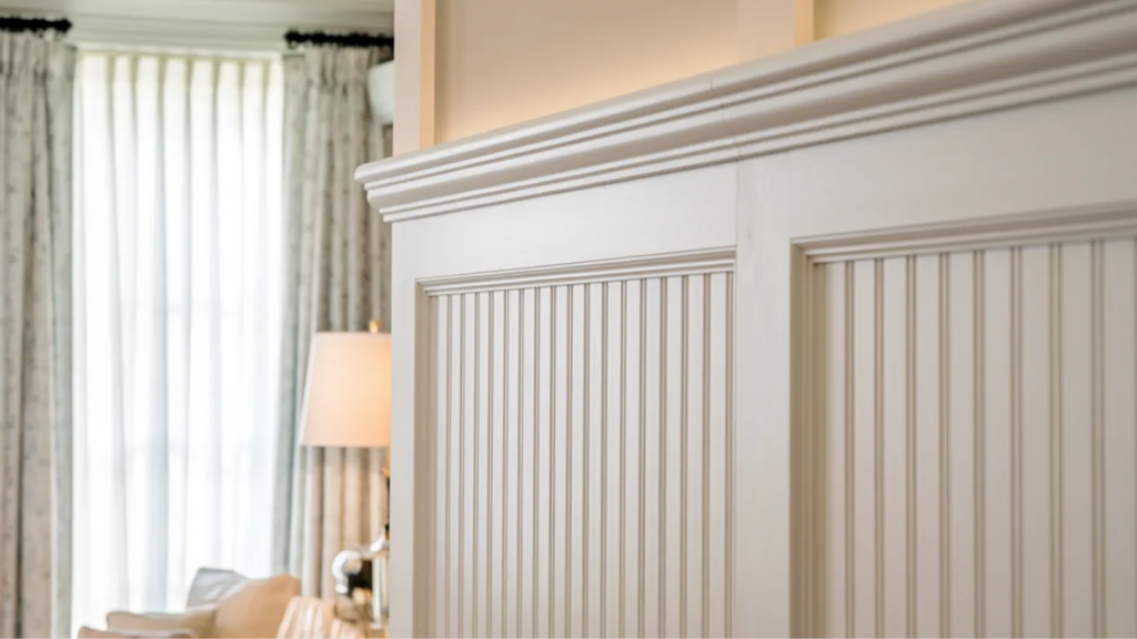 cape cod style house beadboard wall paneling with white trim, classic detailing, and traditional coastal design