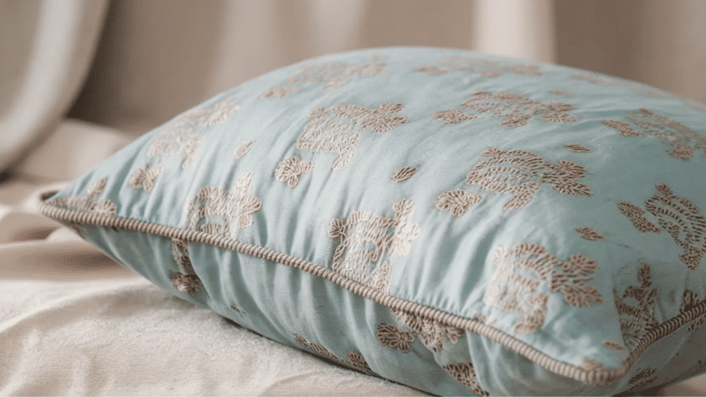 cape cod style house cushion detail with soft blue fabric, subtle pattern, and cozy coastal textile styling