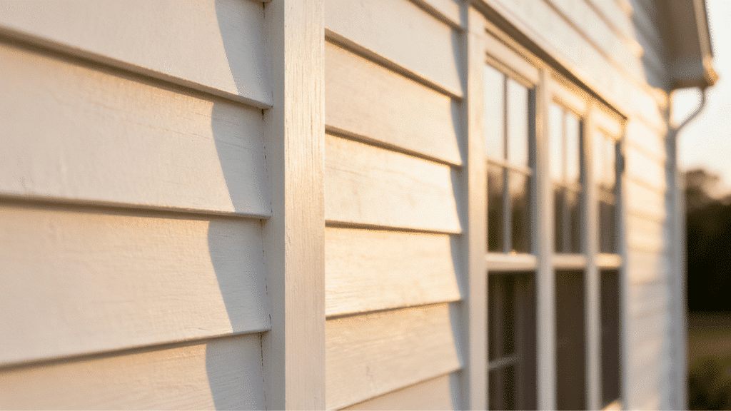 cape cod style house exterior siding detail with white clapboard walls, windows, and warm sunlight highlighting texture