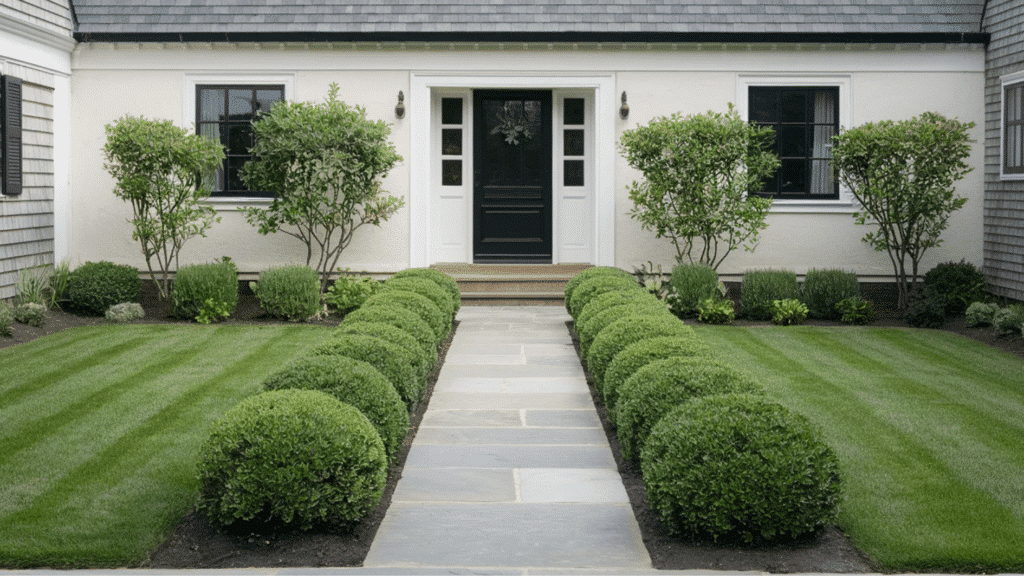 cape cod style house exterior with symmetrical walkway, trimmed hedges, black door, and classic coastal curb appeal