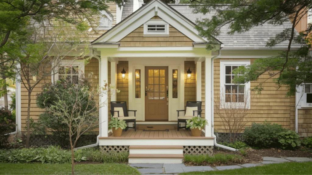 cape cod style house front porch with cedar shingles, white columns, chairs, and welcoming entryway