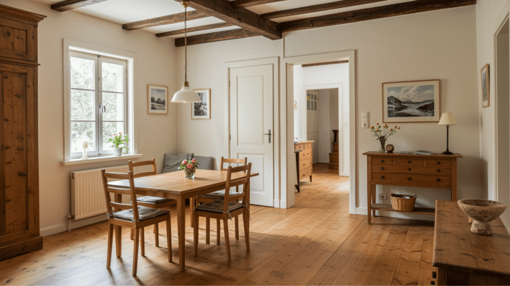 cape cod style house interior dining room with wooden furniture, exposed beams, and warm rustic coastal charm