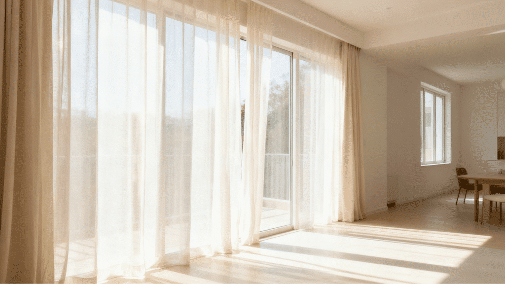 cape cod style house interior with sheer curtains, large windows, natural light, and airy coastal ambiance