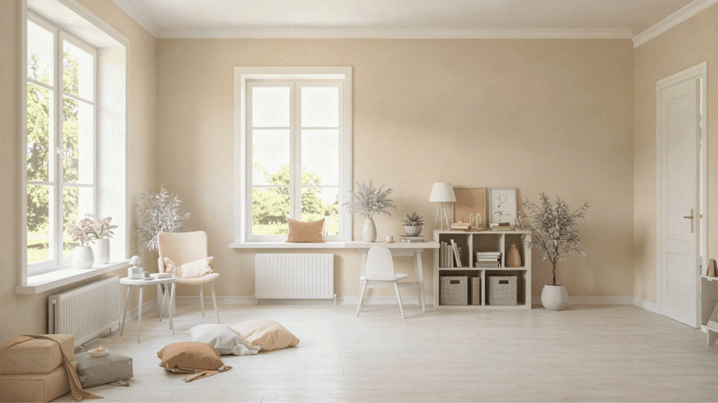 cape cod style house interior with soft neutral tones, large windows, light decor, and airy coastal design style