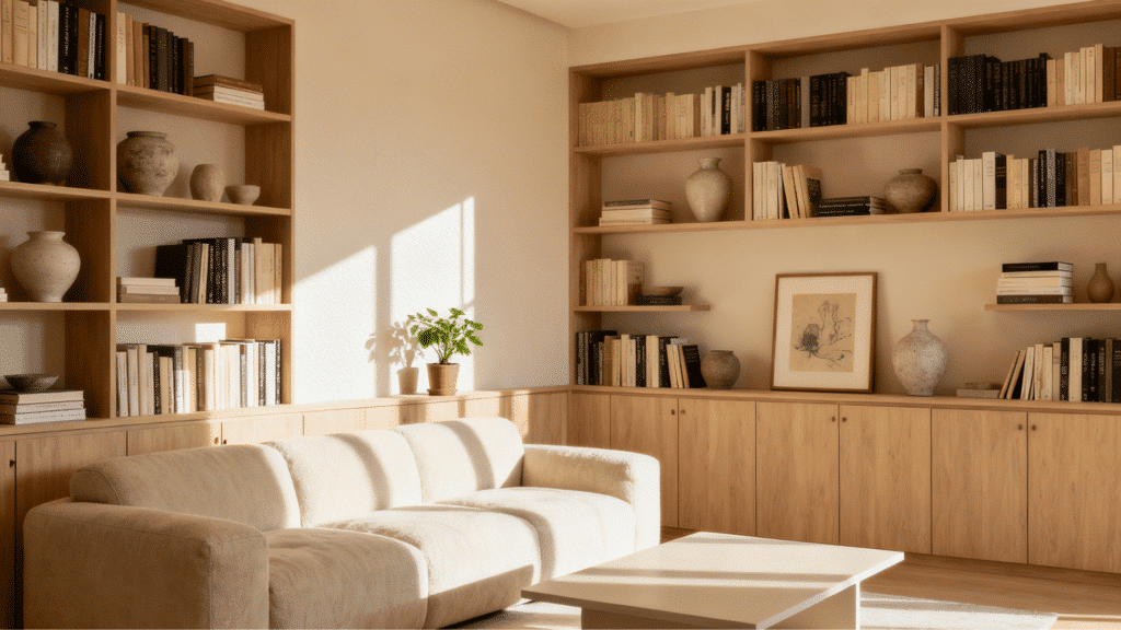 cape cod style house living room with built-in shelves, wooden accents, neutral palette, and cozy coastal ambiance