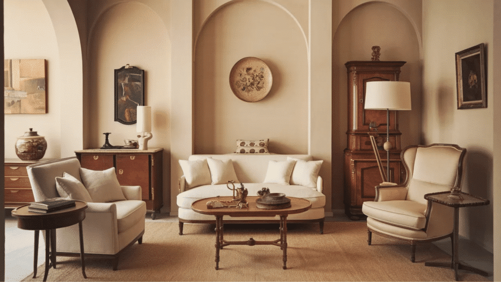 cape cod style house living room with neutral furniture, wooden accents, arched niches, and warm classic decor