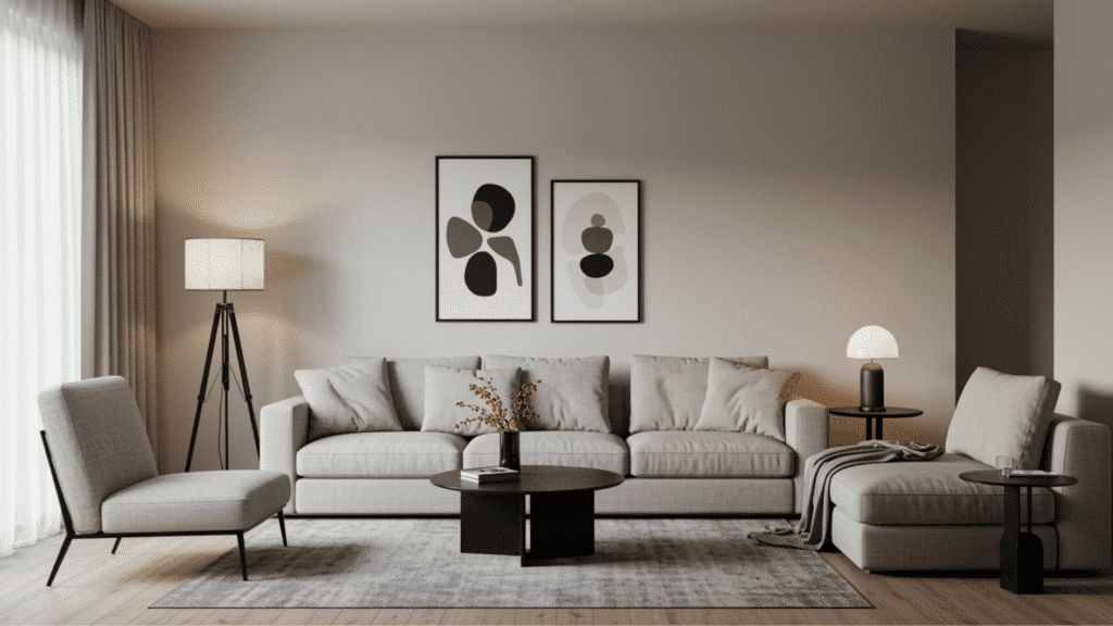 cape cod style house living room with neutral sofa, soft lighting, simple decor, and clean coastal inspired interior design