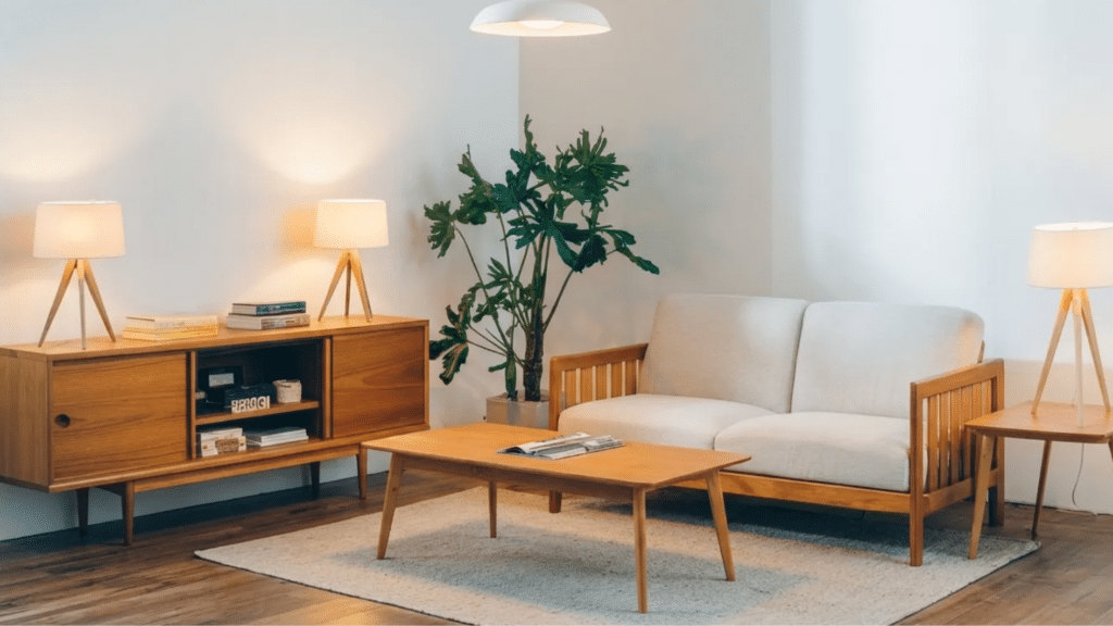 cape cod style house living room with wooden furniture, neutral sofa, warm lighting, and simple cozy coastal interior